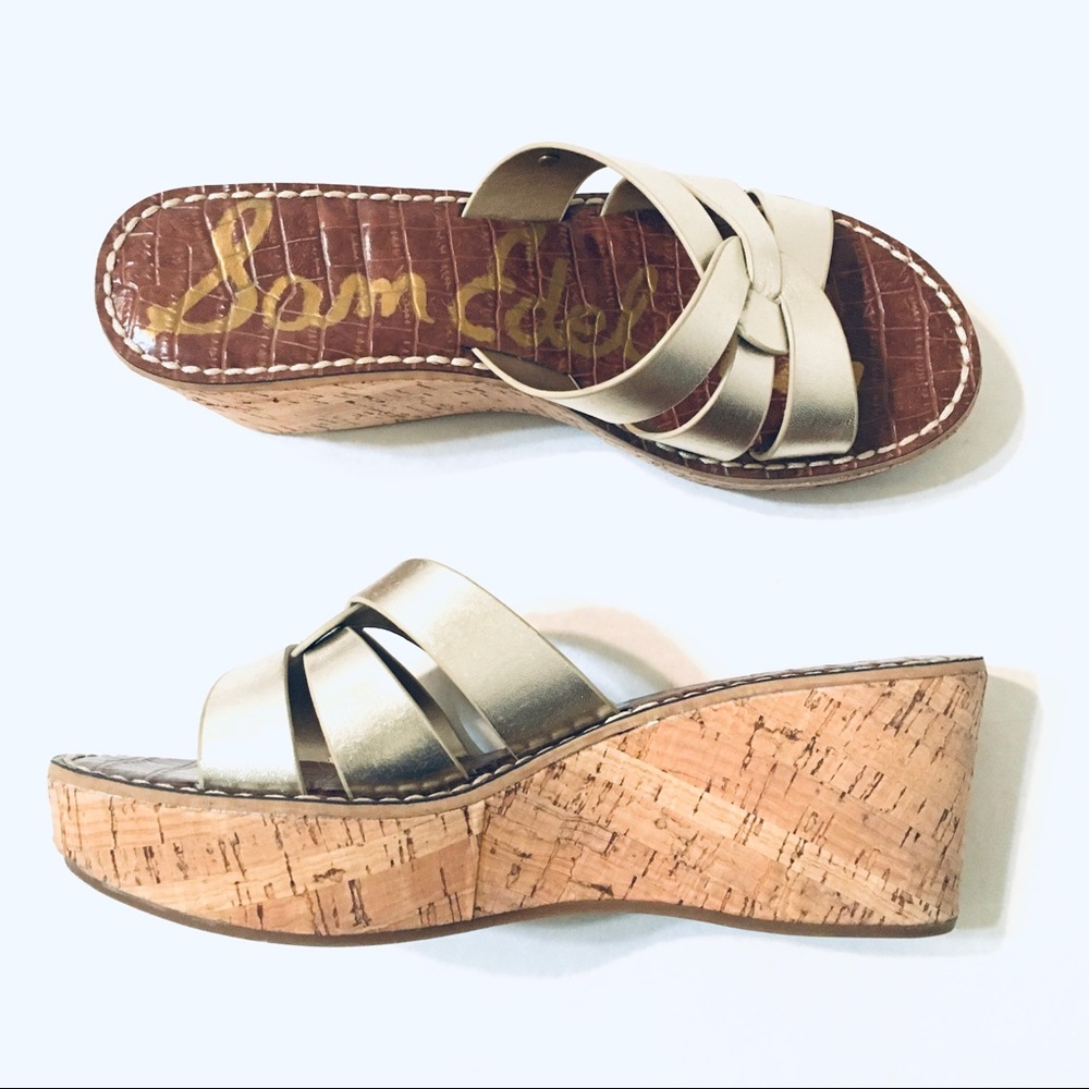 Sam Edelman Raynere Leather Gold Strap Wedge Sandals Size 7.5